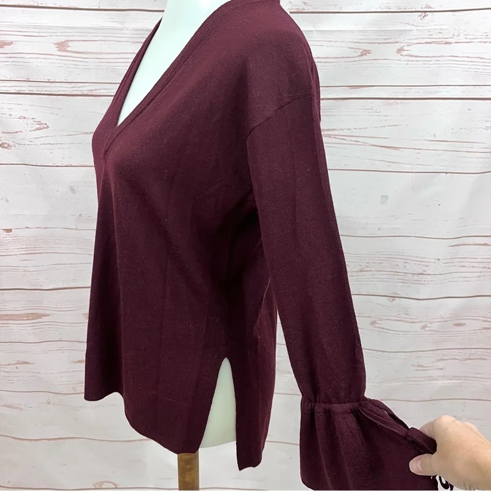 NWT J.Crew Merino Wool Burgundy V-Neck Tunic Sweater Drawstring Cuff Bell Sleeve